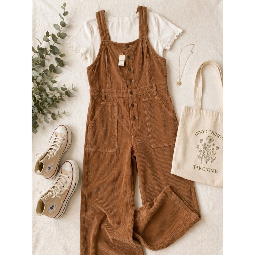 Aerie Wide Leg Corduroy Overalls Womens Large Cinnamon Brown Boho NWT